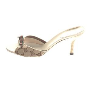 Gucci Beige Monogram Open-Toe Slip-On Heel with Web Ribbon